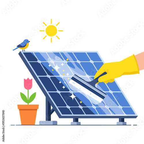 Eco-Friendly Solar Panel Spring Cleaning Vector Illustration