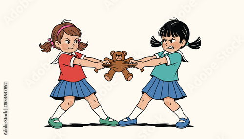 Vector two angry little girls fighting over a teddy bear, pulling the toy in opposite directions, illustration in a cartoon style