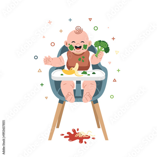 Flat Vector Illustration of a Joyful Baby Led Weaning Mess