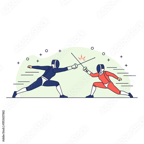 Flat Vector Illustration of a Dynamic Fencing Duel Lunge