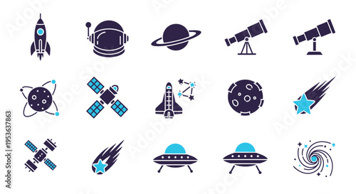 Space exploration symbols and icons for science and technology
