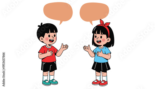 Vector cartoon illustration of a young boy and girl talking to each other with empty speech bubbles