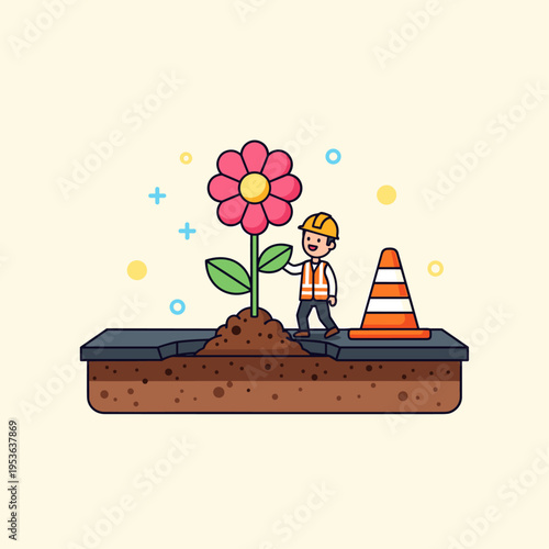 Creative Vector Illustration of Worker Planting Flower in Pothole