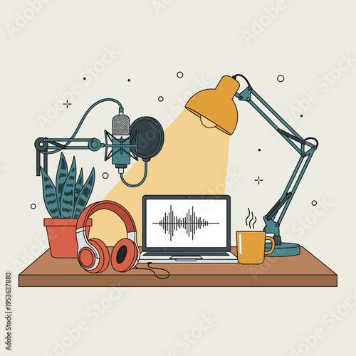 Cozy Home Podcast Studio Flat Vector Illustration