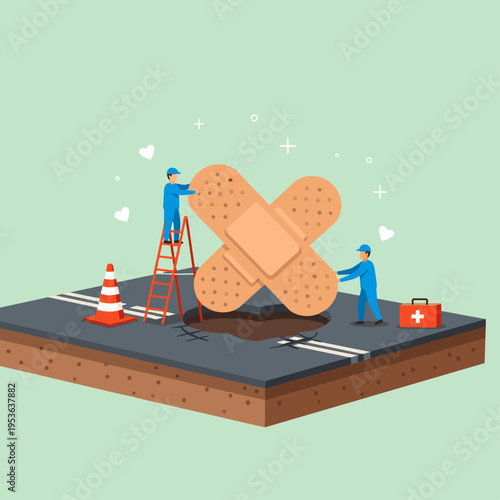Conceptual Flat Vector Illustration of Pothole Road Repair