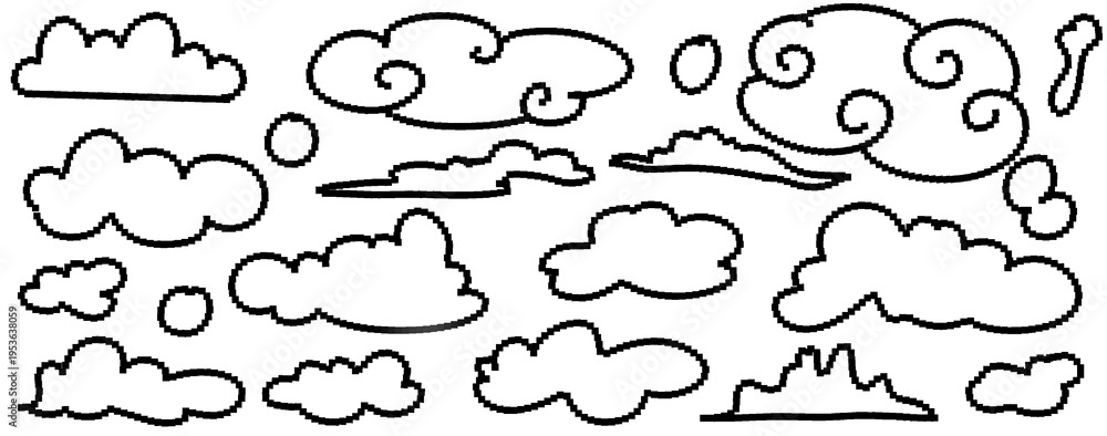 Obraz premium Minimalist Black Line Cloud Set, Japanese Zen Style Hand Drawn Sky Elements, Outline Cloud Doodles