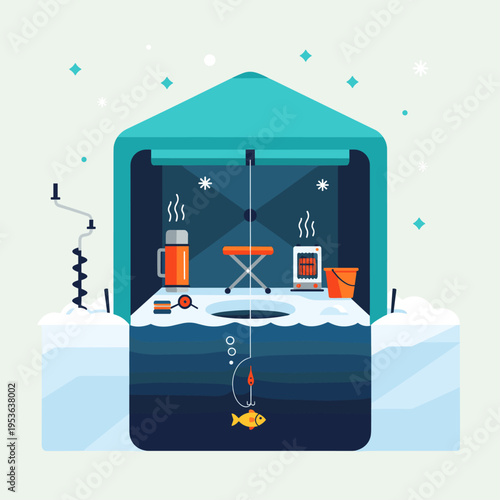 Cozy Ice Fishing Shelter Cross-Section Vector Illustration