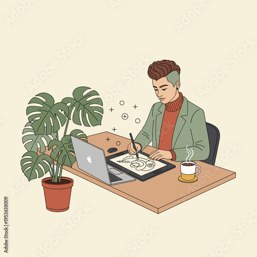 Obraz na płótnie Non Binary Creative Professional at Desk Vector Illustration