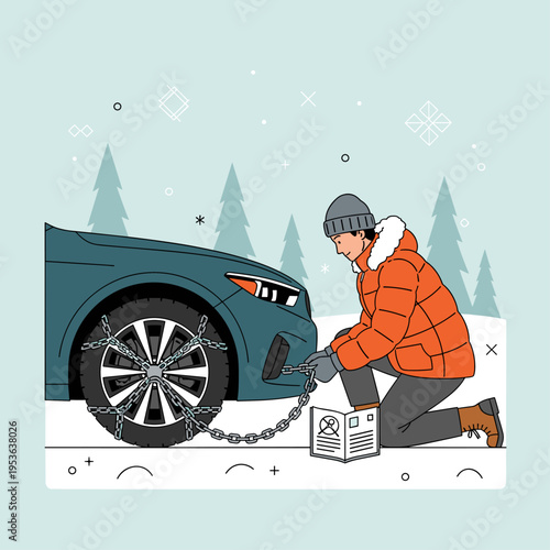 Winter Roadside Car Snow Chain Installation Vector Illustration
