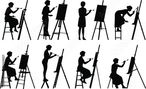 Female artist painting on canvas, woman with brush, easel artwork silhouette set, vector illustration for creative, artistic, drawing scenes

 flat vector illustration