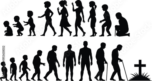 Human life cycle silhouettes, male and female stages, aging progression icons, growth development design, mortality symbol illustration, generational timeline graphic set