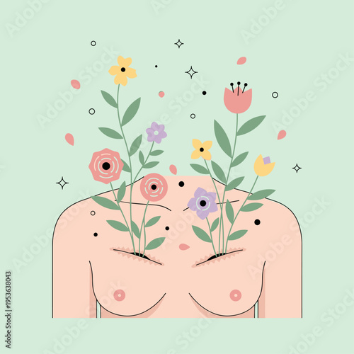 Positive Top Surgery Scars with Blooming Flowers Vector Art