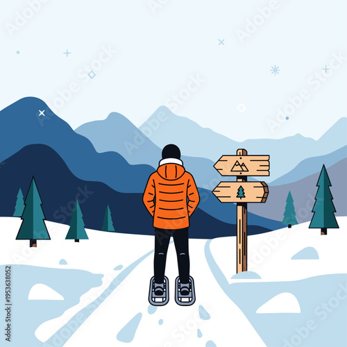 Flat Vector Illustration of a Winter Snowshoeing Trail Viewpoint
