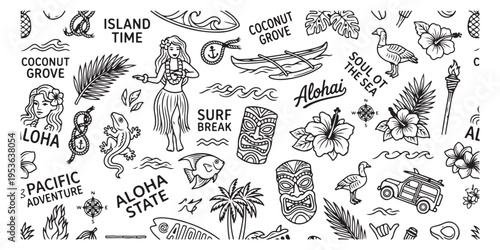 Tropical summer surf beach pattern, hand drawn aloha tiki sketch, exotic coconut grove island, surf break ocean waves, hawaiian holiday doodle art, summer vacation beach elements, tropical flora and f