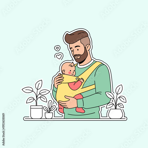 Flat Vector Modern Dad with Baby Carrier Illustration