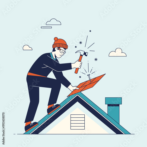 Modern Flat Vector Illustration of a Roofer Installing Shingles