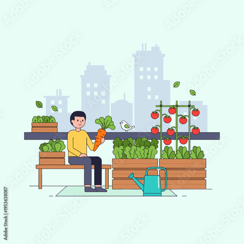 Flat Vector Illustration of a Peaceful Urban Rooftop Garden