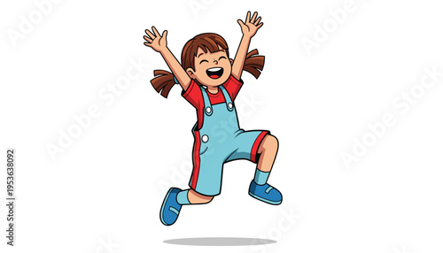 Vector happy little girl jumping with joy, wearing a red shirt and blue overalls, cartoon style illustration
