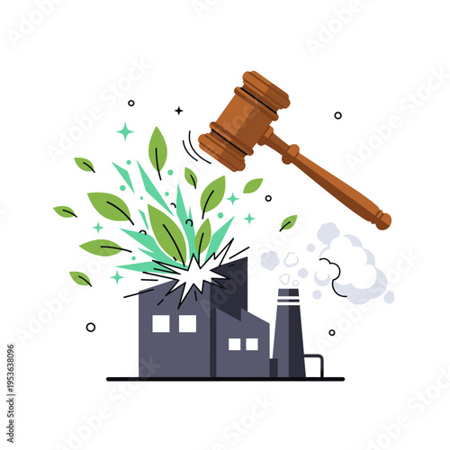 Environmental Law Gavel and Polluting Factory Vector Illustration
