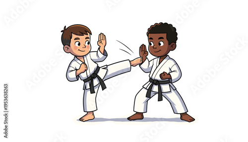 Vector two young boys practicing karate, wearing white uniforms and black belts