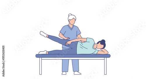 Physical therapist assisting patient with leg lift exercise on a therapy bench