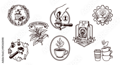 Specialty coffee and barista logos, hand drawn coffee shop emblems, vintage coffee beans sketch, espresso and brew bar icons, craft coffee roasting vector, aromatic coffee brand design, premium coffee