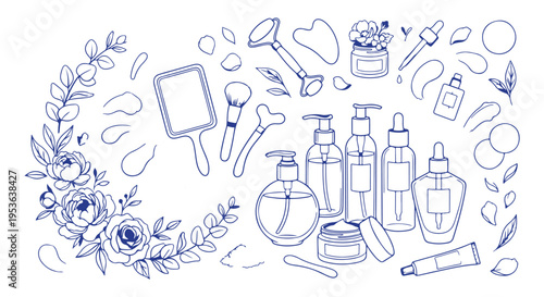 Skincare and cosmetic products pattern, beauty routine seamless background, makeup tools and lotion sketch, feminine spa and beauty texture, luxury cosmetic products vector, bathroom shelf beauty dood