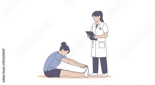 Doctor or therapist observing patient doing seated forward bend stretch