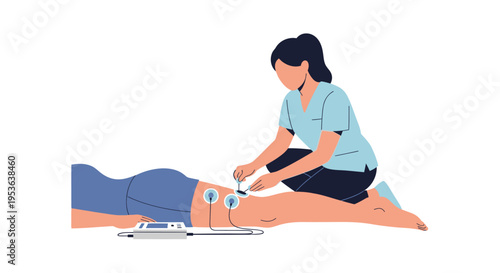 Physical therapist performing electrotherapy on a patient's leg in a clinic