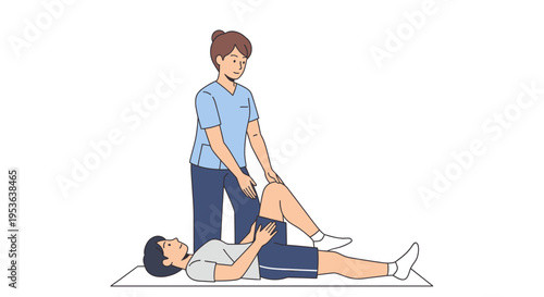 Physical therapist assisting patient with leg extension exercise while lying on mat