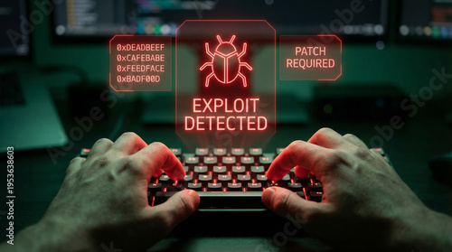 Zero Day Exploit Detected Concept with Red Warning Hologram on Keyboard, Cybersecurity Vulnerability Alert and Patch Required Interface for Emergency IT System Defense