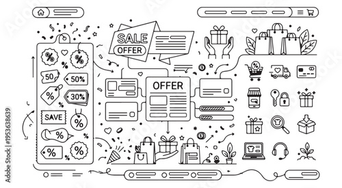 Sale and offer business doodle, hand drawn shopping discount sketch, marketing promotion vector art, commercial offer and deal background, e-commerce sale elements set, creative business marketing doo