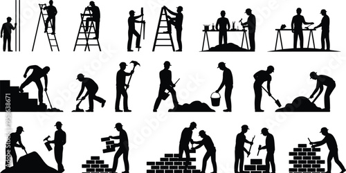 Construction worker silhouettes, building labor icons, brick wall illustration, ladder climbing figures, tool usage design, teamwork activity set, infrastructure work graphic