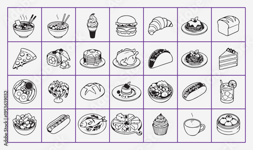 Fast food and snacks icon set, restaurant menu doodle grid, burger pizza and coffee sketch, delicious street food icons, breakfast and bakery vector, food app menu design, tasty snacks line art
