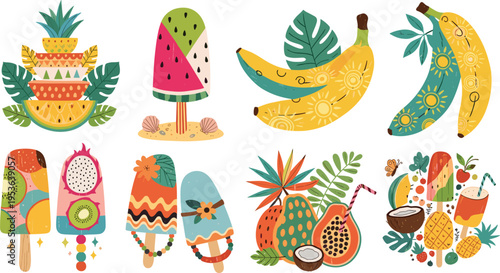 Tropical Fruit Popsicle Vector Set Featuring Stylized Watermelon Banana Papaya and Dragon Fruit Paletas with Retro Textures for Summer Refreshment Branding and Decorative Food Illustrations
