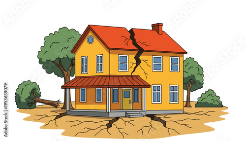 Vector cartoon illustration of a yellow house damaged by an earthquake with cracks in the ground and roof and a fallen tree nearby
