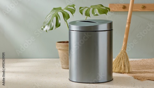 Modern Stainless Steel Swing Lid Trash Can in a Bright Minimalist Interior With Potted Monstera Plant and Natural Broom on Terrazzo Floor