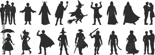 Silhouette character icons, fantasy costumes, pirate figures, witch silhouettes, warrior archetypes, romantic couple design, theatrical personas, storytelling illustration, creative role-playing set