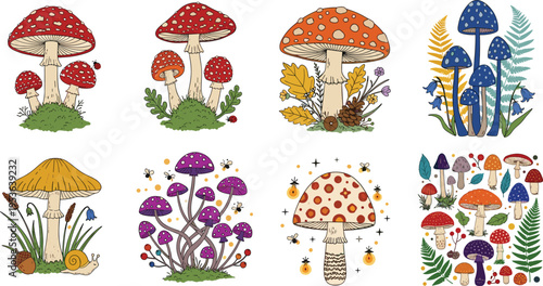 Vintage Forest Mushroom Vector Set with Red Amanita Toadstools, Glowing Fireflies, Wild Ferns, Bluebell Flowers, and Autumn Woodland Fungus Illustrations for Nature Graphic Designs