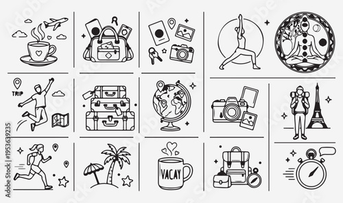 Travel and lifestyle grid icons, minimalist vacation symbols set, luggage and camera icons, coffee and relaxation doodle, tourism adventures line art, simple travel objects collection, world trip plan
