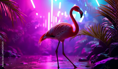 Majestic flamingo in misty neon jungle, magenta and purple fog, bioluminescent reflections, cyber-lit palms, dramatic perspective, cinematic beams, vibrant atmosphere, sharp 3d animation look, 4K