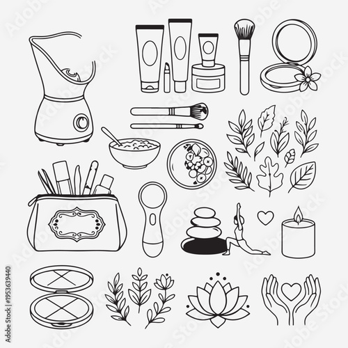 Beauty self care icon set, wellness and spa doodle, cosmetic skincare line art, relaxation zen lifestyle elements, hand drawn beauty products, aromatherapy candle and lotus, healthy skincare routine i