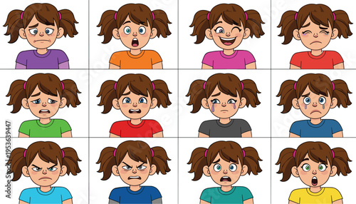 Vector set of cartoon girl character with different facial expressions and emotions, vector illustration of a child showing various feelings