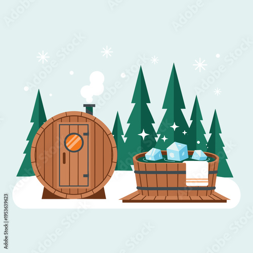 Minimalist Vector Illustration of a Winter Sauna and Ice Bath