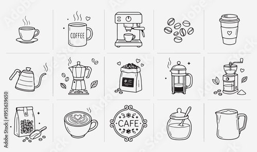 Coffee and cafe doodle icon set, hand drawn barista equipment sketches, coffee shop decorative collection, morning beverage elements for design, coffee maker and cup vector graphics, caffeine line art