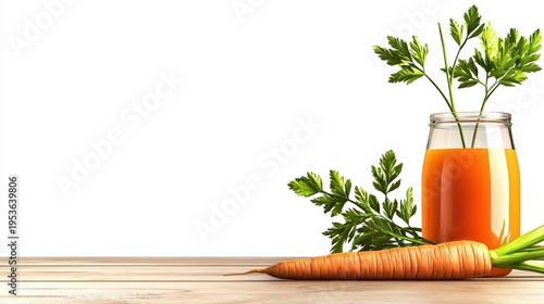 Fresh Carrot Juice Bottle and Raw Carrot on Wooden Table with Copy Space