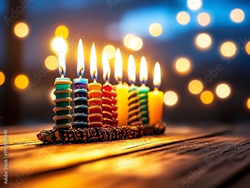 Colorful Hanukkah Candles on Wood with Festive Bokeh Glow