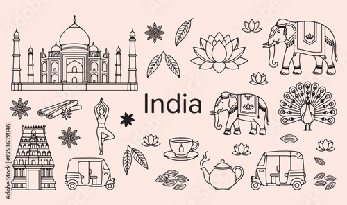 India culture and yoga doodle set, hand drawn Indian landmarks sketches, traditional India icon collection, minimalist Taj Mahal vector graphics, Indian elements for design, yoga and elephant line art