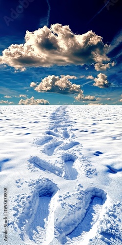 Journey Ahead: Solitary Footprints in Deep Snow Towards Horizon Under Vibrant Blue Sky and Clouds