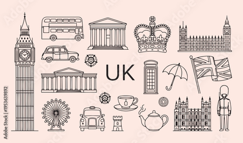 United Kingdom landmarks and icons set, hand drawn London travel sketches, UK culture icon collection, minimalist architecture vector graphics, British elements for design, London bus and crown line a